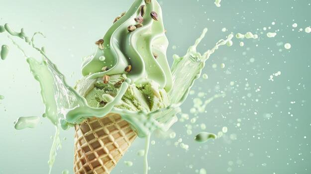 Ice cream cone with pistachio and whipped cream splash, empty pastel background photo
