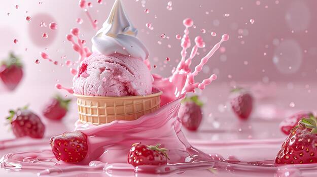 Ice cream cone with berries and fruits and whipped cream splash, empty pastel background photo