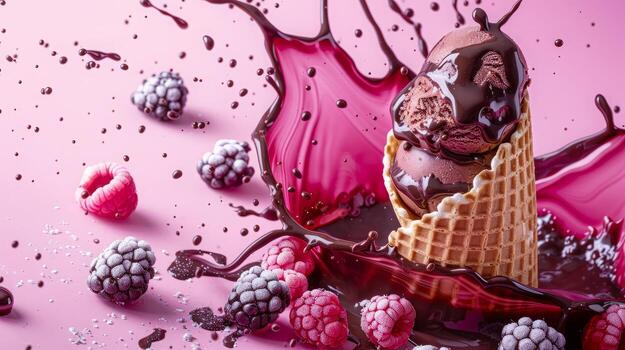 Ice cream cone with berries and fruits and whipped cream splash, empty pastel background photo