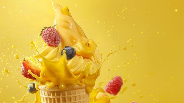 Ice cream cone with mango and whipped cream splash, empty pastel background photo