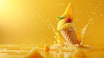 Ice cream cone with mango and whipped cream splash, empty pastel background photo