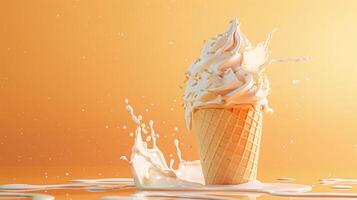 Ice cream cone with berries and fruits and whipped cream splash, empty pastel background photo