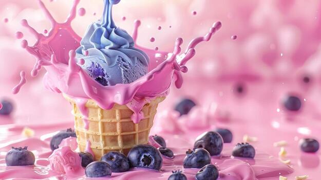Ice cream cone with berries and fruits and whipped cream splash, empty pastel background photo