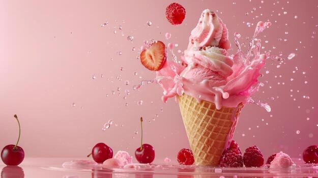 Ice cream cone with berries and fruits and whipped cream splash, empty pastel background photo