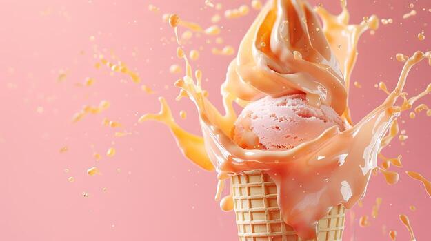 Ice cream cone with berries and fruits and whipped cream splash, empty pastel background photo