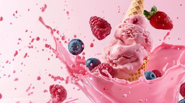 Ice cream cone with berries and fruits and whipped cream splash, empty pastel background photo