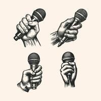 Vintage engraving isolated hand holding microphone ink sketch. hand holding mic illustration vector