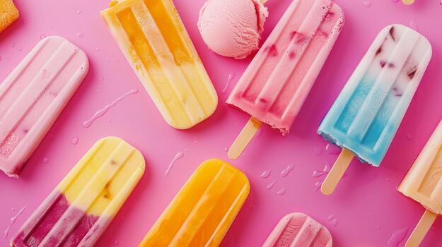 An assortment of different popsicles on a stick isolated, pastel tropical background photo