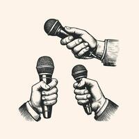 Vintage engraving isolated hand holding microphone set ink sketch. hand holding mic illustration vector