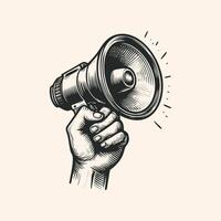 Vintage engraving isolated hand holding loudspeaker ink sketch. hand holding speaker illustration vector