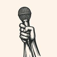 Vintage engraving isolated hand holding microphone ink sketch. hand holding mic illustration vector