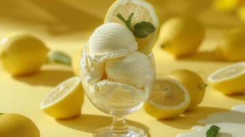 Lemon ice cream balls in a bowl on a pastel blank background photo