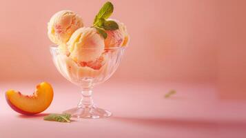 Peach ice cream balls in a bowl on a pastel blank background photo