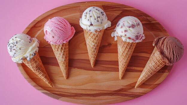 Cones ice creams with fruits on a boho round wooden platter, tropical background top view photo