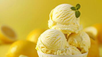 Lemon ice cream balls in a bowl on a pastel blank background photo