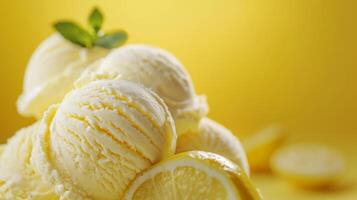 Lemon ice cream balls in a bowl on a pastel blank background photo