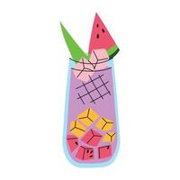 illustration of a cocktail with watermelon and pineapple, garnished with ice and mint in a glass. Flat cartoon style, colorful and refreshing beverage for hot summer. Exotic and vibrant drink vector
