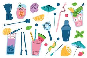 illustration set of cocktail accessories and decorative elements, shakers, strainers, spoons, glasses with lemonade and mocktails. Colorful flat design for bar, mixology. Summer beverage icons vector