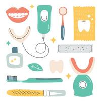 illustration of a teeth whitening kit set in flat cartoon style. Includes LED light whitener, gels, pens, strips, and other dental tools for home use, for dental care and oral hygiene designs vector