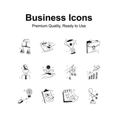 Pack of business and finance icons in modern doodle style