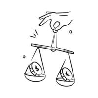 Hand holding balance scale with dollar and euro coin in it concept icon of currency rate vector