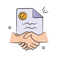 Handshake with stamped document denoting concept icon of agreement vector