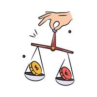 Hand holding balance scale with dollar and euro coin in it concept icon of currency rate vector