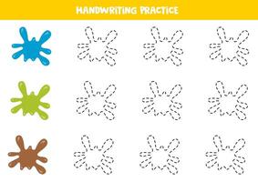Tracing contours of colorful paint blobs or splashes. Writing practice. vector