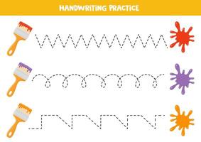 Tracing lines for kids. Paint blobs and brushes. Handwriting practice for children. vector