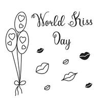World Kissing Day image in doodle style. Greeting card with images of lips, balloons, and hearts. vector