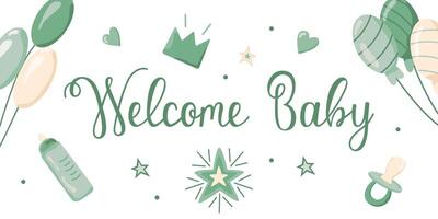invitation card template for baby gender reveal party. Welcome baby greeting card. Color illustration with balloons in color for boys on a white background. vector