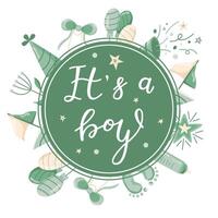 Hand drawn greeting card for the birth of a Boy. invitation card template for baby gender reveal party. Color illustration with balloons, crackers and party items on a white background. vector