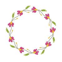 wreath of leaves and wildflowers. Botanical frame. Template for a postcard. Green circle of leaves and flowers. Concept of spring and summer holiday invitation. vector