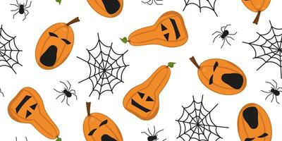 image of a Halloween pumpkin. Seamless pumpkin pattern with carved scary faces, cobwebs and spiders. Image for textiles, packaging and wallpaper. vector