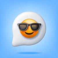 3d smile in sunglasses in chat cloud. Render cool emoticon symbol. Smiling face with sunglasses emoji. Happy face. Communication, web, social network media, app button. vector