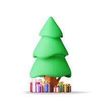 3D Christmas tree decorated with gift boxes isolated. Render spruce, evergreen tree and pile of gift boxes. Greeting card, festive poster, party invitations. New year and xmas. vector