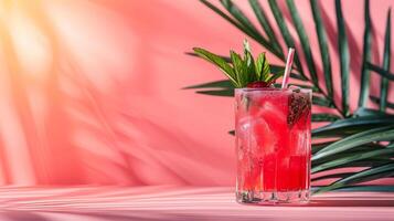 A summer cocktail on a blank pink background with tropical leaves photo