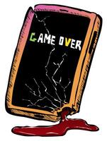 The smartphone broke and blood flowed. On the display the inscription End of the game. illustration in the style of horror sticker, where a smartphone like a living being, has its own mind and vector