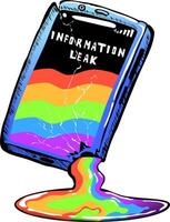 Data leakage from a smartphone in the form of a rainbow floating out through a hole at the bottom of the gadget. illustration a smartphone with cracks in the glass is broken but the display vector