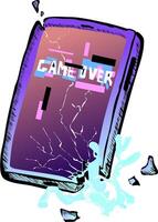 On the display of the smartphone there is a glitch effect and the inscription game over. illustration the phone is broken and fragments fly to the sides. At the same time a sheaf of electric vector