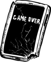 Monochrome sticker is a broken smartphone with the inscription game over. illustration on the display cracks and the corner of the smartphone is irretrievably broken off and a hole inside is vector