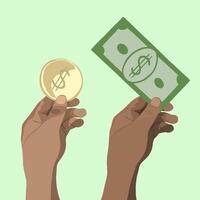 A hand holds a dollar and a coin. The concept of human savings. vector