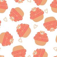 Seamless pattern with cartoon strawberry cup cakes, for fabric prints, textiles, gift wrapping paper. children's colorful , flat style vector