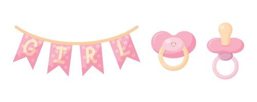 Pink baby Dummy set for girl. Baby pacifier icon. Element for design of logo, icons, buttons. illustration vector