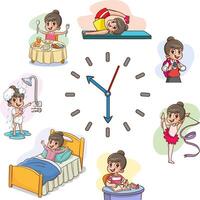 Girls daily routine. Dial clock with different activities scenes. Little child sleeping and eating breakfast. Hygiene and studying. Time to training or reading. Splendid vector