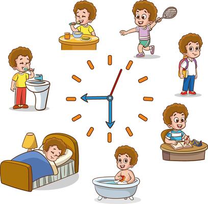 Boy daily routine. Children everyday activities and habits. Dial clock. Kids scheduling. Hygiene or studying. Teen eating and sleeping. Time to training or reading