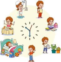 Girls daily routine. Dial clock with different activities scenes. Little child sleeping and eating breakfast. Hygiene and studying. Time to training or reading. Splendid vector