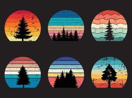 Retro sunset grunge collection for banner or print. 80s style retro wave striped circles with forest trees. vector