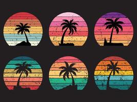 Retro sunset grunge collection for banner or print. 80s style retro wave striped circles with forest trees. vector