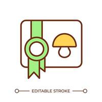 Mushroom products quality RGB color icon. Mushroom cultivation permit. Edible fungi license. Certificate of achievement. Isolated illustration. Simple filled line drawing. Editable stroke vector